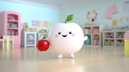 Obraz premium Cheerful and adorable 3D animated cartoon character with a big friendly smile holding a bright and colorful flashcard with a red apple