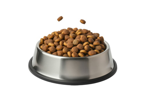 A floating pet food bowl filled with kibble, isolated on a solid white background.