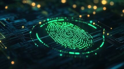 A glowing green fingerprint sits at the center of neon circuitry, representing digital ID and secure tech.

