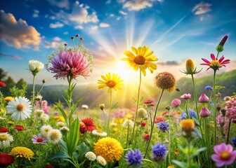 Healing Herbs: Vibrant Medicinal Plants and Flowers in a Sunny Meadow