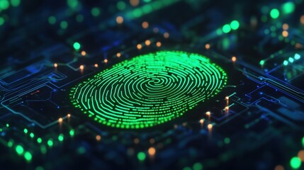 A glowing green fingerprint sits at the center of neon circuitry, representing digital ID and secure tech.

