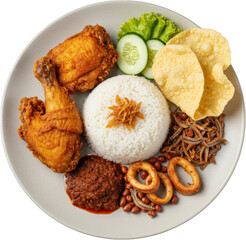 Delicious Nasi Lemak with Fried Chicken Crispy Crackers and Sambal