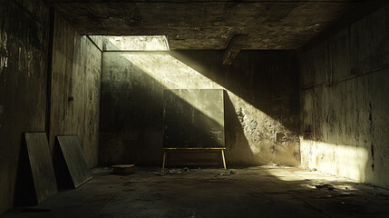 A dimly lit room featuring a simple wooden bench with shadows casting across the floor creating an atmospheric and intimate ambiance.