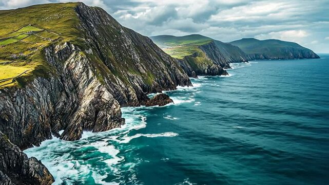 Dramatic coastline scenery with rugged cliffs, ocean waves, and lush greenery, Dingle peninsula