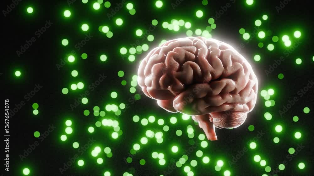 Poster human brain isolated on black background surrounded by glowing green particles. 3d digital illustrat