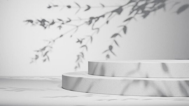 Minimal round concrete podium with shadow of leaves on purple wall. Natural sunlight overlay in studio setting. Botanical and product display mockup. Design for banner, poster