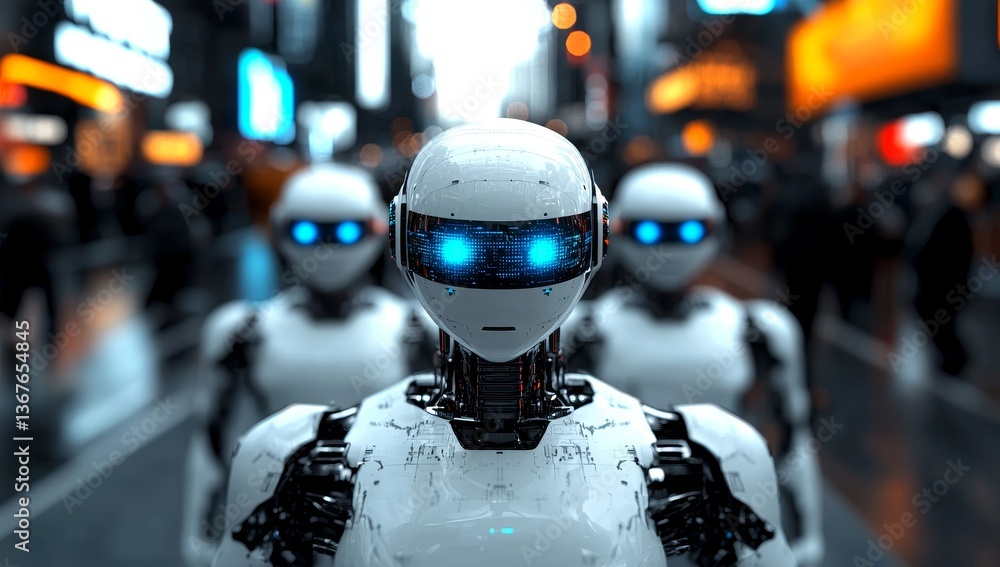 Poster the description includes android robots, three black luminescent robots, and sky-fi robots, all pres