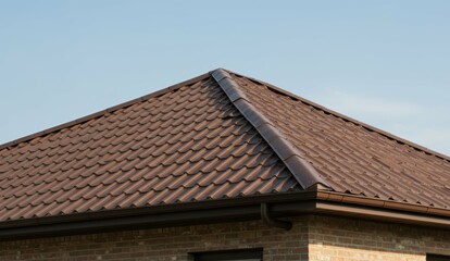 Fototapeta premium Roof of a modern residential house features brown tiles against blue sky. Concepts of sustainability and home improvement.