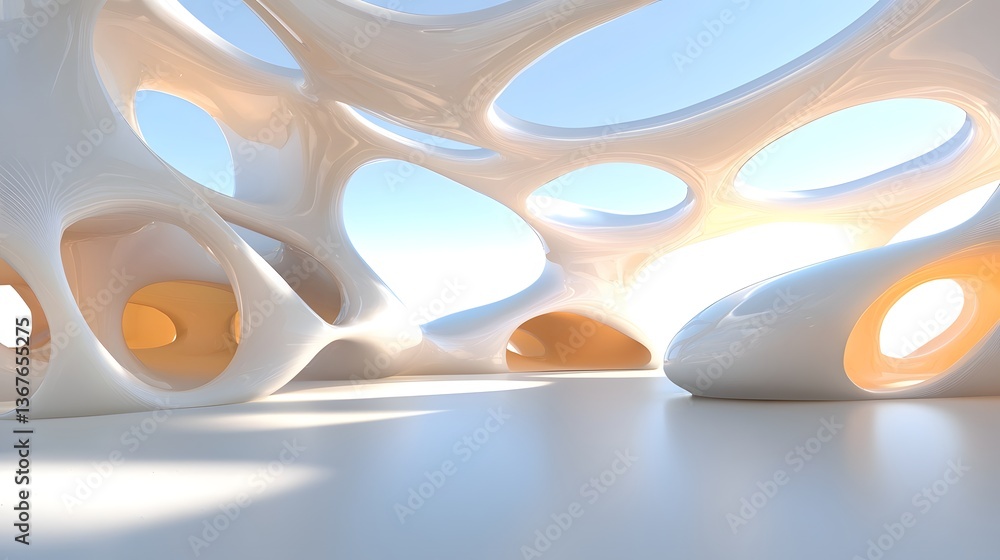 Poster cutting edge futuristic architectural laboratory exploring composite materials and smart building su