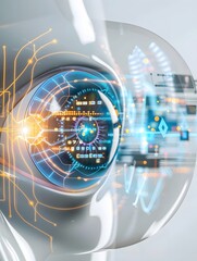 Cybernetic eye implant with neural data overlay high detail close up shot of futuristic medical technology  Digital interface bionic implant and advanced scientific concepts