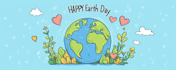 Earth Illustration with Heart-Shaped Leaves and Pastel Colors for Earth Day and Sustainability Themes.Ideal for Eco-Friendly Easter Cards or Environmental Campaigns.
