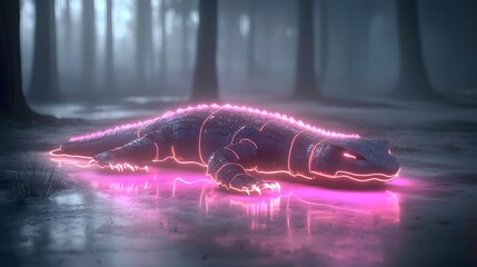 Cyberpunk inspired neon infused futuristic bio mechanical creature glowing in a cinematic ultra detailed reflective jungle ecosystem  AI controlled advanced lifeform in a surreal fantastical