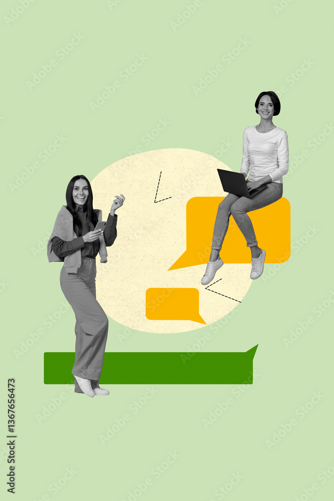 Poster creative collage poster of girl using netbook interaction on green color background