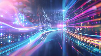 Dazzling digital noise distortion pattern with pixel glitches and fragmented light streaks creating a chaotic and energetic futuristic abstract visualization
