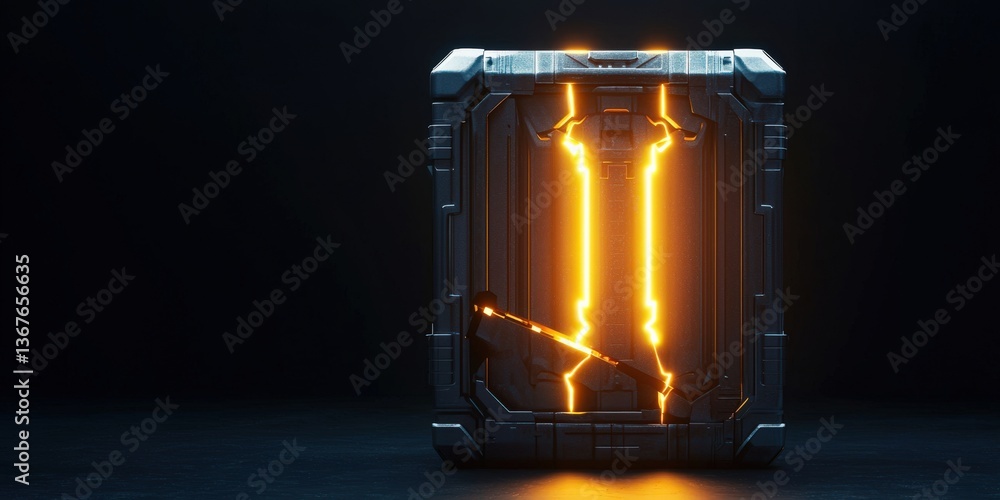Poster peak energy demand concept. futuristic container with glowing elements on a dark background.