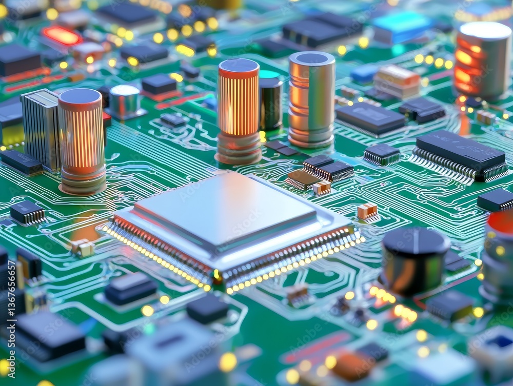 Poster a close-up shot of a computer motherboard populated with electronic components such as processors an