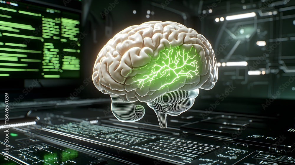 Poster digital rendering of a human brain with futuristic cyberpunk inspired visualization