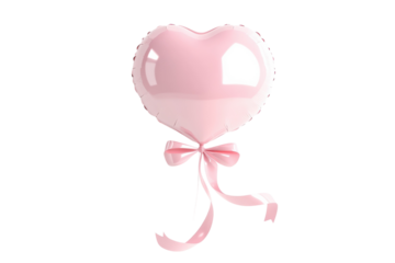 A delicate pink heart balloon floats gracefully in a serene white space with a ribbon tied below isolated on transparent background