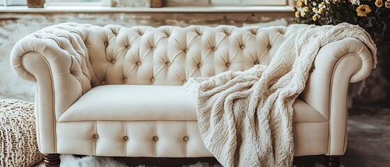 A comfortable upholstered sofa with a cozy knitted throw blanket