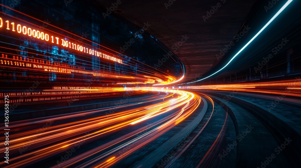Poster the flow of digital data on a road symbolizes the concept of cyber global communication and coding, 