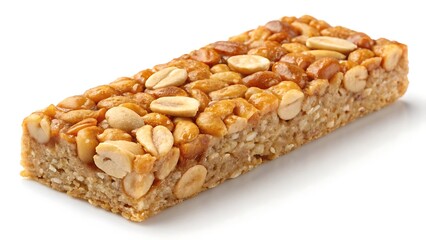 Crunchy granola bar, golden brown, mixed nuts, honey-glazed, oats, rectangular shape, textured surface, healthy snack, detailed close-up, studio lighting, high resolution, food photography