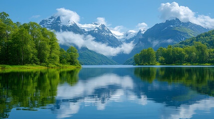 Fototapeta premium Lake and Mountain Panorama: A breathtaking panorama showcasing a serene lake reflecting the snow-capped peaks and lush greenery, evoking a sense of tranquility and awe. 