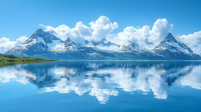 Mountain Majesty: Snow-capped mountains rise majestically from tranquil waters under a vibrant blue sky dotted with fluffy clouds, mirrored in a stunning reflection.
