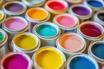 Fototapeta premium Vibrantly colored paint cans arranged in an eye-catching display on a textured surface