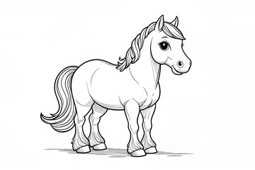Clean and precise line drawing, simple, friendly horse in white background  