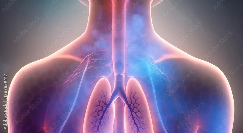 Poster futuristic glowing lungs featuring intricate vascular patterns and set against an ethereal backgroun