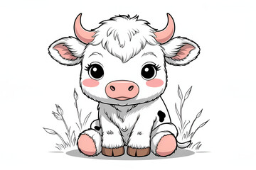 Clean and precise line drawing, simple,  cow sitting in white background 