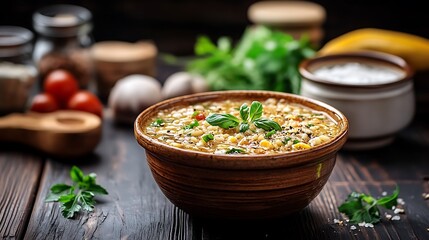 A bowl of hearty soup presented on a wooden surface