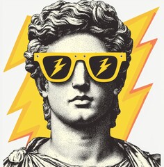 The stock image features a collage of a modern Greek woman's face on a transparent background, blended with a retro antique girl and other modern elements to create a stylish Greek portrait fashion