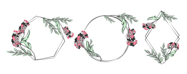 Floral Geometric Frames with Vibrant Pink Flowers and Green Leaves. Ideal for Wedding Invitations, Branding, Logos, Greeting Cards, and Elegant Decorative Designs.