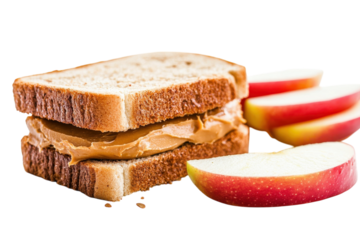 Delicious peanut butter sandwich nestled between slices of whole grain bread with fresh apple slices isolated on transparent background