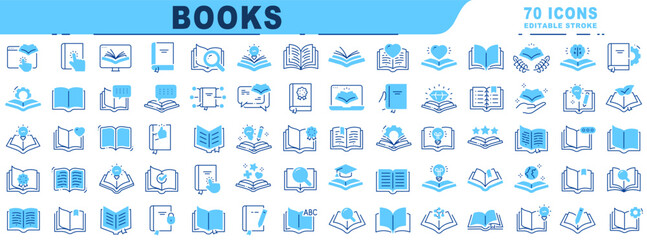 Big set of book related filled line icons. Editable stroke