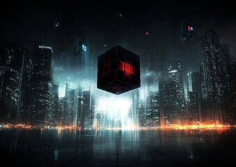 Against the surreal landscape of a sky-fi setting, cube-shaped blocks of vibrant, multi-colored hues float in mid-air, juxtaposed with a futuristic, neon-lit cityscape and enveloped by an abstract,