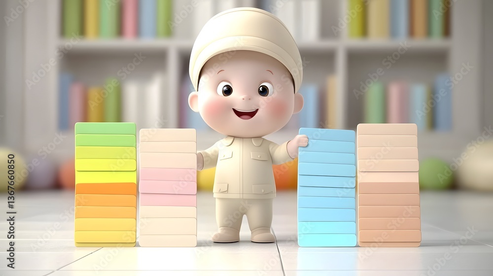 Poster friendly and engaging animated cartoon character dressed as an explorer using bright colorful flashc