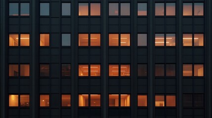 Obraz premium Illuminated windows of a modern building at night. A grid of warm-toned lights against a dark facade.