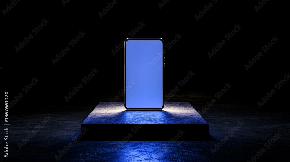 Poster sleek smartphone with blank blue screen on dark platform. perfect for app presentation or technology