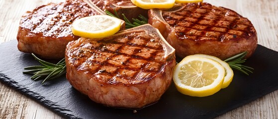 Grilled Steak with Lemon and Rosemary on Slate