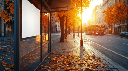 A plain white poster template at a bus stop outside, set against a basic city backdrop, offering a sleek and minimalist layout for advertisements or promotional items, available as stock