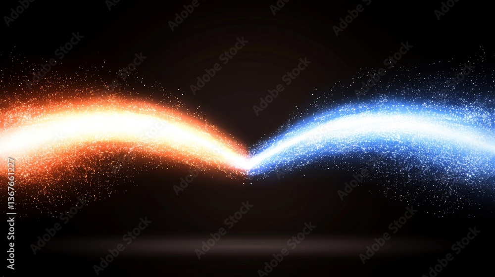 Poster converging in a futuristic digital landscape are dynamic streams of blue and orange light, which sig