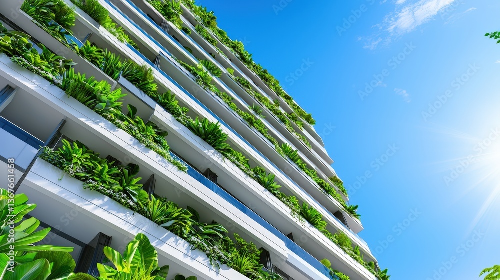 Aufkleber a modern building featuring lush greenery on multiple balconies, reflecting a blend of architecture 
