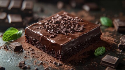 A square chocolate cake with glossy ganache and chocolate shards