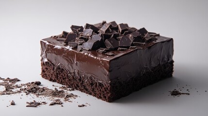 A square chocolate cake with glossy ganache and chocolate shards