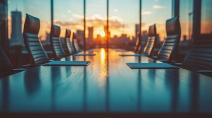 A sleek conference room showcases a long, polished table surrounded by comfortable chairs