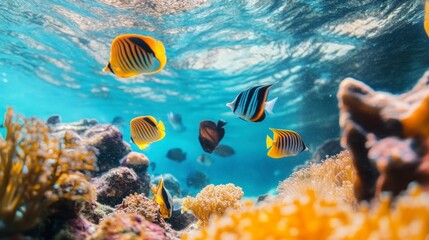 Fototapeta premium Tropical Fish Swimming in Coral Reef Underwater Scene with Turquoise Water
