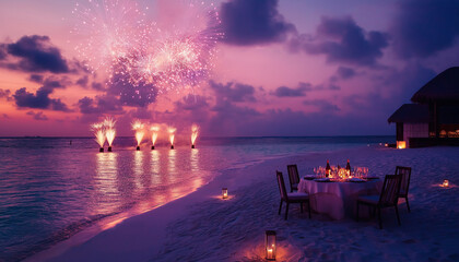 Romantic Beach Dinner Fireworks Sunset Maldives Ocean Celebration