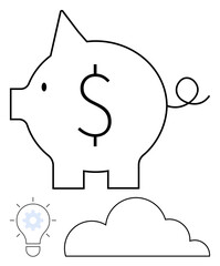 Piggy bank with dollar sign symbolizes savings. Light bulb features a gear for innovation and ideas. Cloud adds connectivity. Ideal for finance, innovation, technology, saving, economy, cloud
